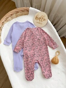 SHEIN 2件組新生女嬰套裝：愛心與圓點圖案長袖拉鍊前開式連身衣 & 柔軟服飾 - 藕粉色 - 查看 3