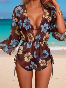 Swim Lushoire Swimsuits For Woman Summer Beach 3packs Random Tropical Print Halter Drawstring Side Bikini - Coffee Brown - View 1