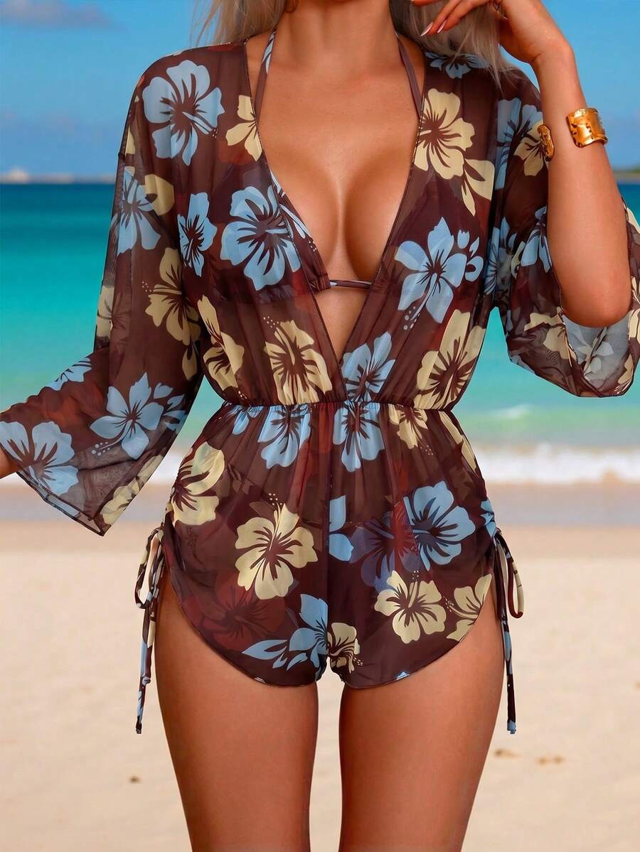 Swim Lushoire Swimsuits For Woman Summer Beach 3packs Random Tropical Print Halter Drawstring Side Bikini - Coffee Brown - View 1