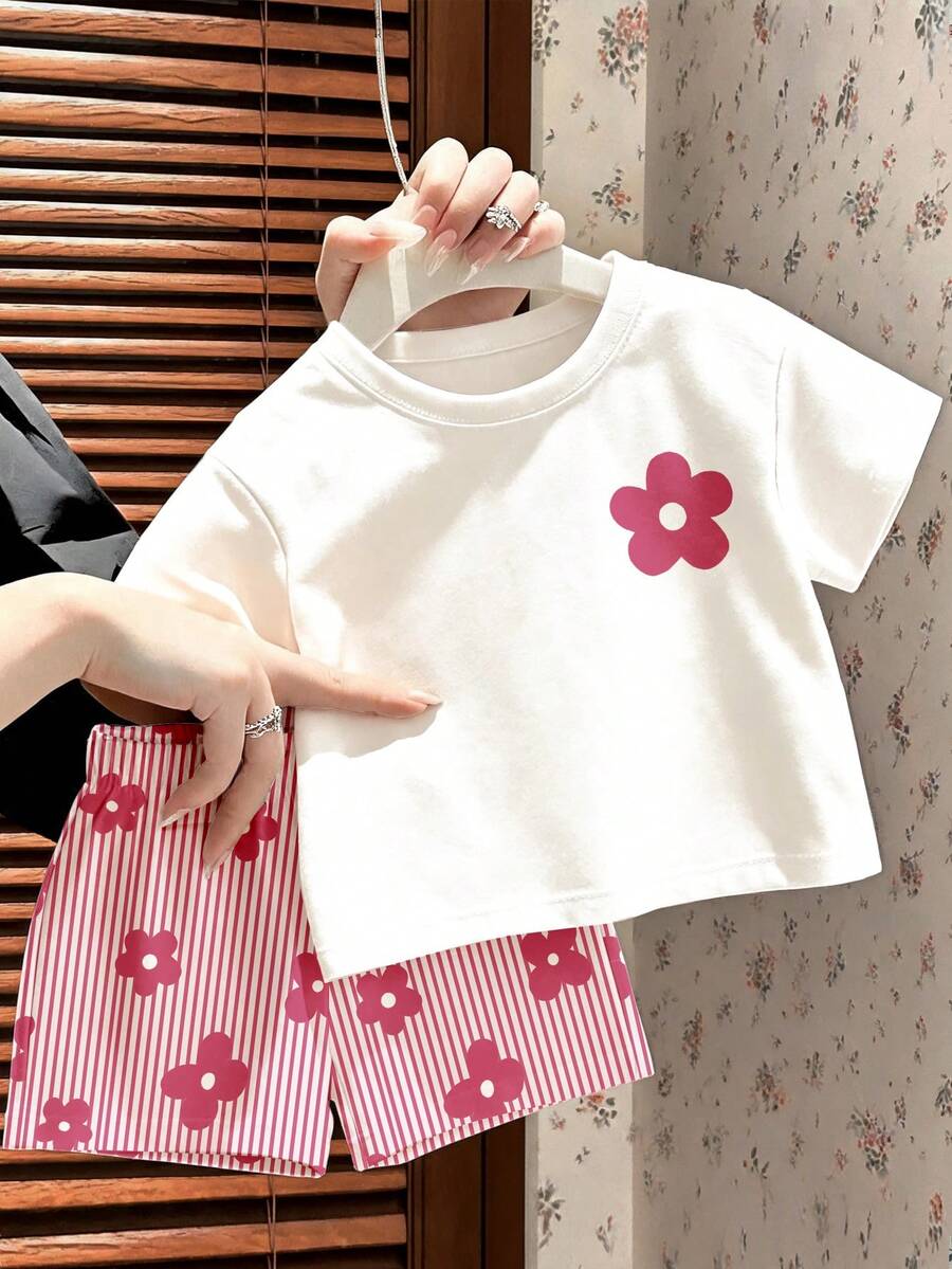 SHEIN 復古甜美粉色花卉運動條紋印花圖案,女嬰簡單休閒寬鬆兩件套 Chill Chill,嬰兒&女嬰圖案,韓系風格,舒適好穿,時尚女嬰,Y2K,戶外野餐,外出,街頭風,可愛套裝 - 彩色 - 查看 1