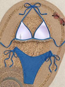 Swim Vcay Set Bikini Wanita Springbreak Warna Solid dengan Motif Tekstur, Atasan Bikini Model Halter Neck dan Bawahan Segitiga, Cocok untuk Liburan Musim Panas dan Pesta Pantai. - Royal Blue - View 2