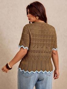 Elaquor Plus Size Contrast Trim Short Sleeve Hollow Out Knit Cardigan Fall - Rust Brown - View 2