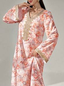 SHEIN Najma 女款花卉印花鉤編拼接長袖洋裝，端莊優雅A字版卡夫坦 & 賈拉比亞長裙，適用於晚宴/婚禮賓客/週年紀念/日常穿著 - 珊瑚橙 - 查看 6