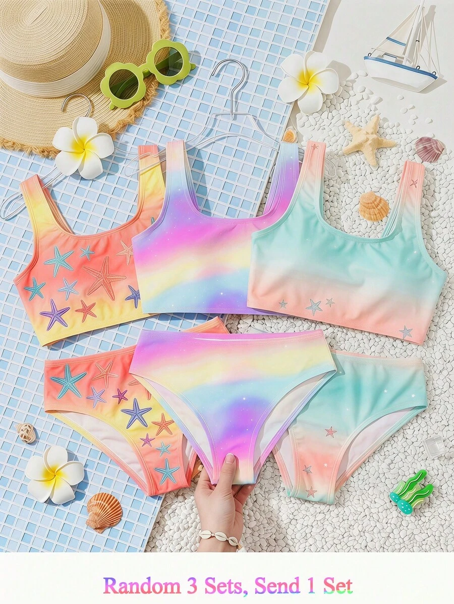 Setelan Baju Renang Dua Potong Bikini dan Bawahan Segitiga Motif Tie-Dye untuk Anak Perempuan, Cocok untuk Liburan Musim Panas - MultiWarna - View 1