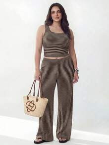 Solavibe Plus Size Women's Striped Colorblock Top And Pants Casual Daily 2 Pieces Set - Brown - View 6