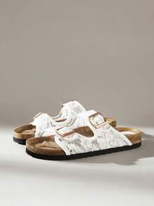 Solecia Women's Mesh Hollowed-Out Double-Button Slippers, Open-Toed Flat-Bottomed Retro Versatile And Breathable Slippers Summer - -8 net white - View 7