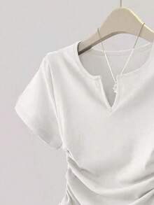 SHEIN Camiseta de manga corta con detalle de cordón en el escote en V, de unicolor, para verano - Blanco - Ver 3