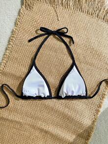 SHEIN Swim Vcay 女款紋理面料亮片貝殼飾邊可愛性感度假海灘泳裝上衣 - 棕色 - 查看 5