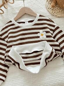 LMoss Kids Young Girl Knitted Striped Round Neck Loose Casual Sweatshirt - Coffee Brown - View 8
