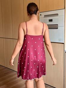Dream Adore Plus Size Polka Dot Ribbed Lace Cami Nightgown - Red - View 2