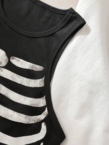 INAWLY Regata Estampada com Esqueleto, Blusas Gráficas Femininas - Preto - Visão 6