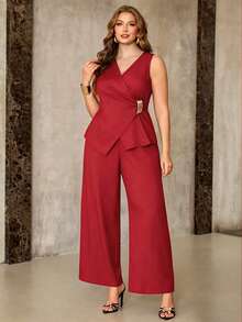 Franclia Plus Size Women Elegant Solid Color Lace-Up Tank Top Loose Pants 2-Piece Set Formal Red Summer - Red - View 3