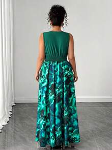 SHEIN LUNE Robe d'été décontractée de vacances, style rétro français élégant, col V, imprimé floral vert, patchwork - Vert - Voir 2