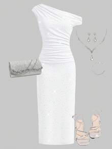 Girlism 兒童青少年女孩洋裝 春夏白色時尚網紗彈性亮片裝飾優雅貼身不對稱領洋裝，婚禮季節，花童，優雅，甜美，返校季節 - 白色 - 查看 3