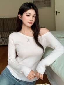 DAZY 女款素色不對稱領休閒百搭日常外出長袖上衣 - 白色 - 查看 3
