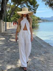 Livesso Women's Vacation Beach Backless Halter Top And Long Pants Swimwear Set Summer - White - View 3