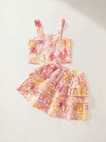 Maija Kids Maija Kids Conjunto de 2 piezas para niñas jóvenes, elegante y exquisito, casual de vacaciones, top camisola sin mangas con estampado floral pequeño rosa, ajustable, con dobladillo de volantes multicapa y falda corta estampada, adecuado para uso diario, regreso a la escuela, viajes, reuniones, fiestas festivas, primavera y verano - Rosa - Ver 3