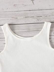 SHEIN Tween Girl White Ribbed Crew Neck Tank Top And Lace-Up Denim Shorts 2-Piece Set - White - View 5
