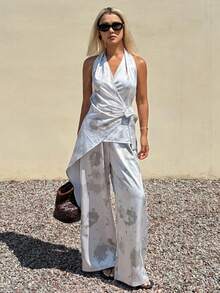DAZY Tie-Dye Halter Neck Backless Lace-Up Tank Top And Long Pants Elegant Vacation Summer Set Women's Two Pieces - Grey - View 3