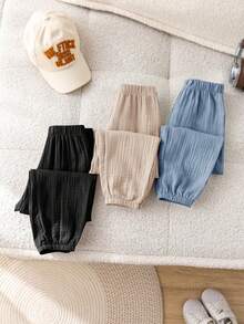 SHEIN LMoss Kids 3 Pieces Set For Young Boys And Girls: Cute, Casual, Versatile, Comfortable, Skin-Friendly, Soft, Solid Color, Elastic Waist, Long Pants. Suitable For Spring, Summer, And Autumn; Suitable For Everyday Wear, Outings, School, Parties, And Holidays. - Multicolor - View 5