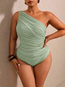 Elaquor Plus Size Women's Solid Color Ruched One Shoulder One-Piece Swimsuit, Suitable For Beach Vacation, Pool Party, Beach Party - Mint Green - View 6