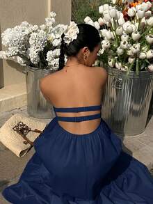 MainGRL Bohemian Navy Blue Strapless Dress, Spring/Summer - Navy Blue - View 2