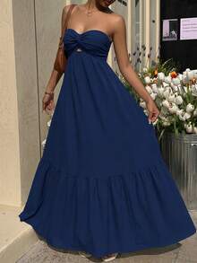 MainGRL Bohemian Navy Blue Strapless Dress, Spring/Summer - Navy Blue - View 4