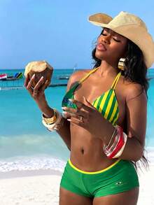 Swim Vcay Nuevo Conjunto de Bikini Sexy de 2 Piezas para Vacaciones en la Playa, Top de Bikini Triangular con Halter y Patchwork de Estampado de Leopardo & Vaca Multicolor, Shorts Brasileños con Fruncido y Elevación de Cadera, Primavera Verano - Multicolor - Ver 7