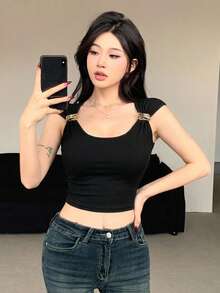 Livesso 夏秋金屬扣飾黑色短版吊帶背心音樂節辣妹修身短袖T恤 - 黑色 - 查看 7