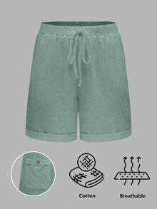 Linhara CURVE Plus Size Vacation Washed Cotton Cinched Waist Back Pocket Button Decor Women's Short Top - Grey - View 6