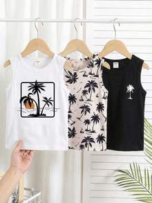 SHEIN 3pcs/Set Tween Boys Casual Vacation Style Coconut Tree Print Pullover Sleeveless Loose Knit Tank Tops, All-Over Coconut Tree Print Tank, White Tank, Black Tank, Basic Tops, Suitable For School, Vacation, Spring, Summer - Multicolor - View 4