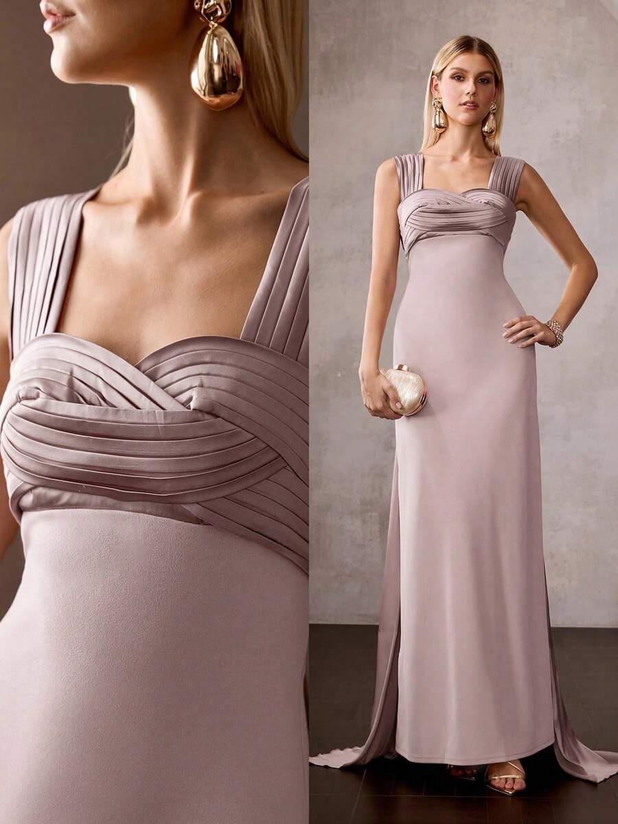 MOTF Soiréza Đầm maxi dự tiệc thanh lịch với dây đeo vai rộng dành cho nữ, chi tiết nhún bèo ở vai và ngực, dây ruy băng rủ phía sau, chất liệu satin dệt kim, hoàn hảo cho đám cưới, lễ trao giải và các sự kiện tiệc tùng cao cấp, trang phục đón năm mới, trang phục dự tiệc ngày Valentine. - Bụi hồng - Xem 1