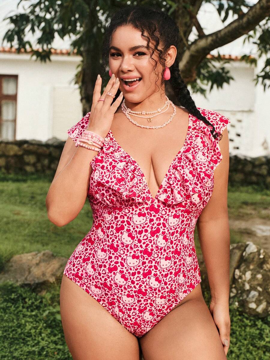 Swim Mod HELLO KITTY AND FRIENDS | SHEIN 2026 New Summer Vacation Sweet Collaboration Ruffle Plus Size One-Piece Swimsuit Beach White Sexy - Multicolor - View 1
