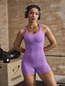 Powerista Women's Sexy Leopard Print Criss-Cross Backless Sports Romper, Summer Purple Going Out Workout Animal Print Cheetah Print Leppard Print Seamless Jumpsuit  Exercise, Fitness, Running Backless Summer Autumn Gym Daily Wear - Purple - View 4