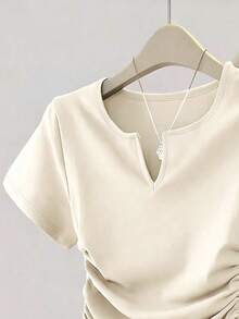 Resyla Camiseta casual de mujer de manga corta, cuello redondo, unicolor y cordón lateral - Albaricoque - Ver 4
