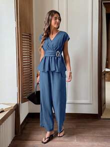 Serisse Women's Summer Casual Solid Color Shirt And Long Pants Two Pieces Set - Blue - View 6