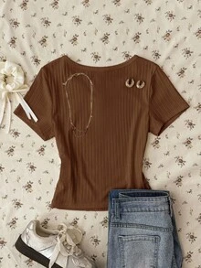 Teen Girl Teen Girl Summer New Snug Fit Versatile Brown Ribbed Knit Round Neck Button Short Sleeve Top - Brown - View 2