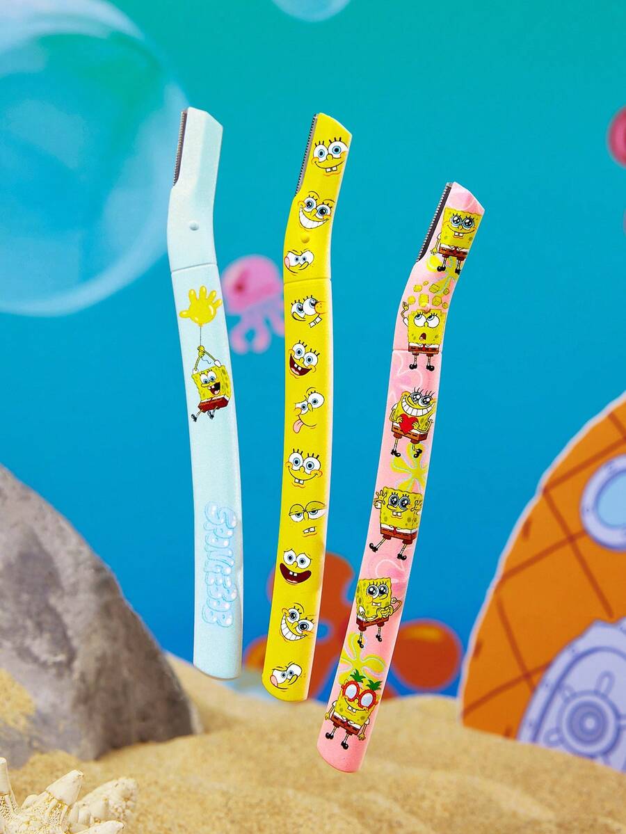 SpongeBob SquarePants | SHEIN 3入組卡通印花眉毛修剪套組,3入組女性與初學者適用安全眉毛刮刀,臉部除毛與去角質工具,適用於修眉、皮膚刮除與旅行 - 彩色 - 查看 1