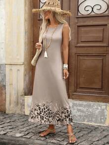 s con cuello redondo minimalista, holgado, relajado y con falda completa con caída, vestido largo casual versátil y cómodo para el uso diario, viajes y vacaciones en la playa, talla estándar - Marrón - Ver 6