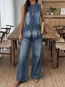 EMERY ROSE EMERY ROSE Women's Pastal Washed Summer Casual Sexy Denim Two-Piece Set, Sleeveless Henley Neck Peplum Top High-Waisted Wide Leg Pants Co-Ord Suit Swimming - Blue - View 7