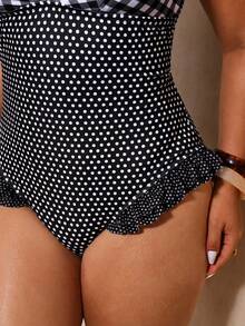 Elaquor Đồ bơi một mảnh nữ size lớn họa tiết chấm bi kẻ caro viền bèo gợi cảm cho kỳ nghỉ - Đen và trắng - Xem 7