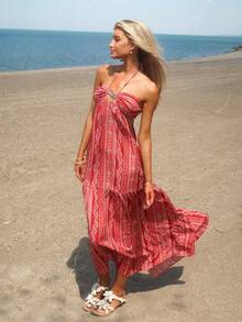 Sydney Algeri Vestido Elegante de Fiesta con Estampado de Vacaciones, Espalda Descubierta y Halter - Multicolor - Ver 5