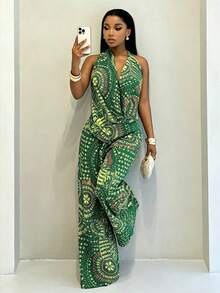 BamGleam Summer Sexy All-Over Print Halter Neck Backless Top And Long Pants 2pcs Set - Green - View 4