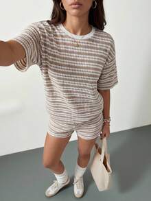 SHEIN Tall 2件組女款寬鬆條紋圓領T恤與鬆緊腰長褲套裝，白色條紋，夏季休閒居家睡衣度假套裝，適合高個女性 - 彩色 - 查看 8