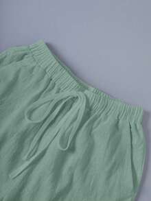 Linhara CURVE Plus Size Vacation Washed Cotton Cinched Waist Back Pocket Button Decor Women's Short Top - Grey - View 4