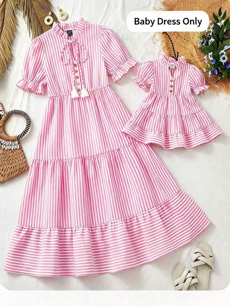 Babygirl Summer Vacation Matching Mother Daughter Striped Cap Sleeve Dress (1 Piece Sold Separately) - Hot Pink - View 1