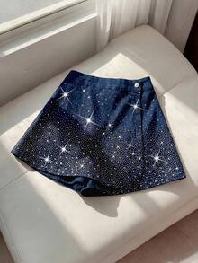 EMERY ROSE EMERY ROSE Faldas-pantalones de mezclilla de moda con diseño de pedrería para mujer talla grande - Azul lavado oscuro - Ver 8