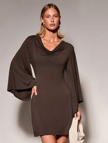 COSMINA Women's Draped Neck Bell Sleeve Long Sleeve Solid Color Draped Neck Versatile Dress - Brown - View 6