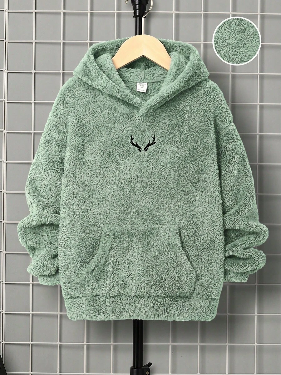 SHEIN 男童休閒刺繡雙面刷毛連帽套頭針織衛衣,秋冬款 - 綠色 - 查看 1