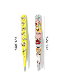 SpongeBob SquarePants | SHEIN 2入組卡通印花精準鑷子套組，斜尖與尖頭設計，適用於修眉、臉部毛髮及內生毛，專業不鏽鋼美容工具 - 彩色 - 查看 6